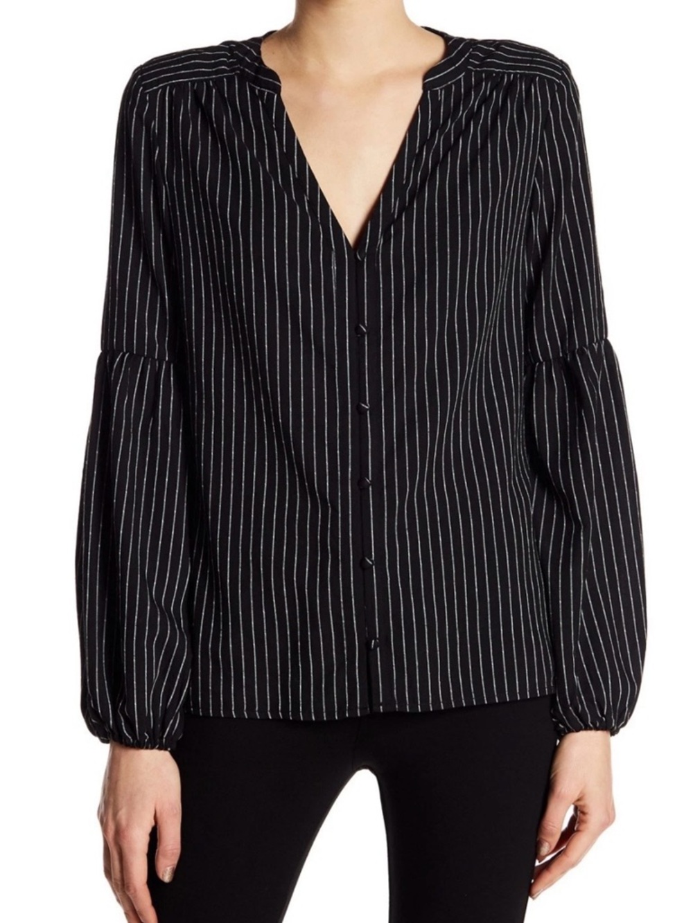 PAIGE STRIPED PRINT BALLON SLEEVE BUTTON FRONT BLOUSE BLACK/WHITE Medium